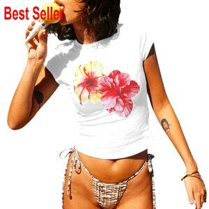Y2K Floral Print Baby Tee Crop Top Short Sleeve Graphic Teen Girls Summer